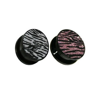 Sparkling glitter zebra print ear plugs in silver and pink